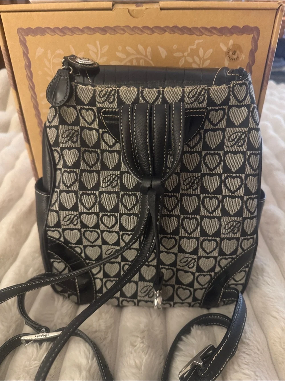 Brighton Black Heart-Pattern Backpack with Croc-Textured Trim